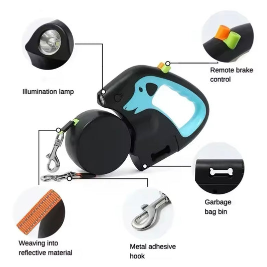 Automatic Retractable double Dog Leash - with Brake & Lock Safety System, flashlight and bag holder compartment